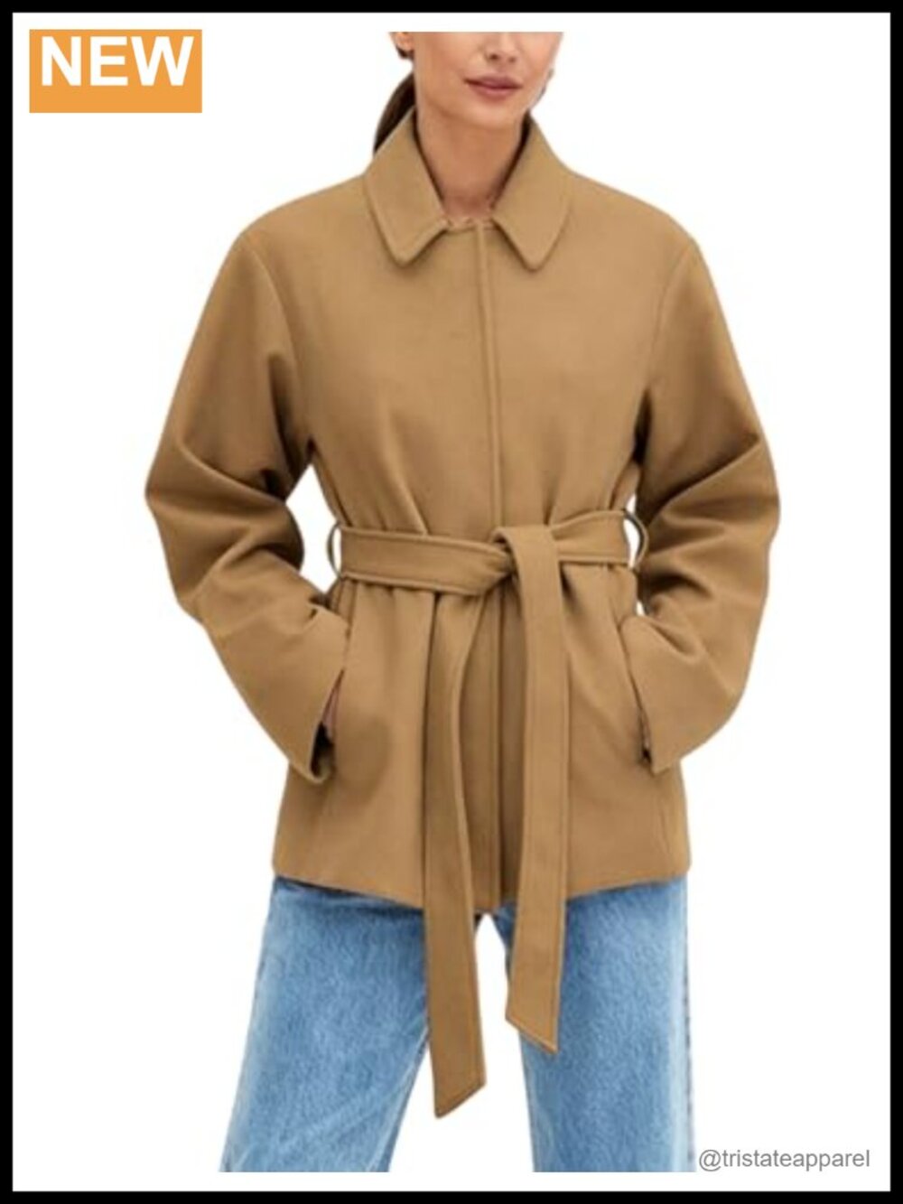 Wool Blend Short Trench Coat Collared Belted Jacket